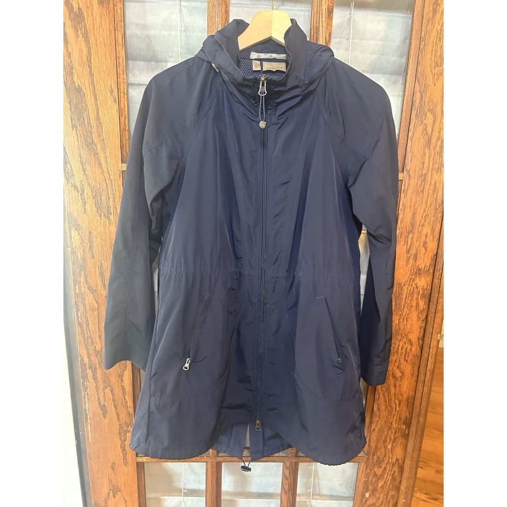 Athleta Windbreaker Womens XXS Blue Hooded Jacket Metallic Vented Shiny Zipper